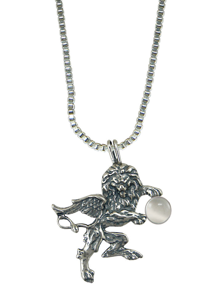 Sterling Silver Winged Lion of the Royal Court Pendant With White Moonstone